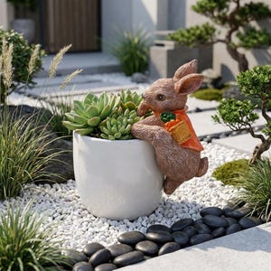 May include: A white ceramic planter containing a green succulent plant, featuring a brown rabbit figurine attached to the side. The rabbit has textured fur and is wearing an orange vest with a small basket containing orange carrots on its back.