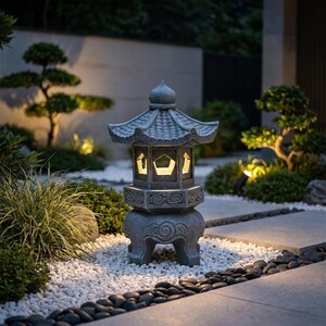 May include: A gray stone lantern with a tiered roof, hexagonal body, and cut-out pentagonal windows. The structure features carved swirl patterns on the base and midsection, standing on four sturdy legs with a light glowing from within the center.
