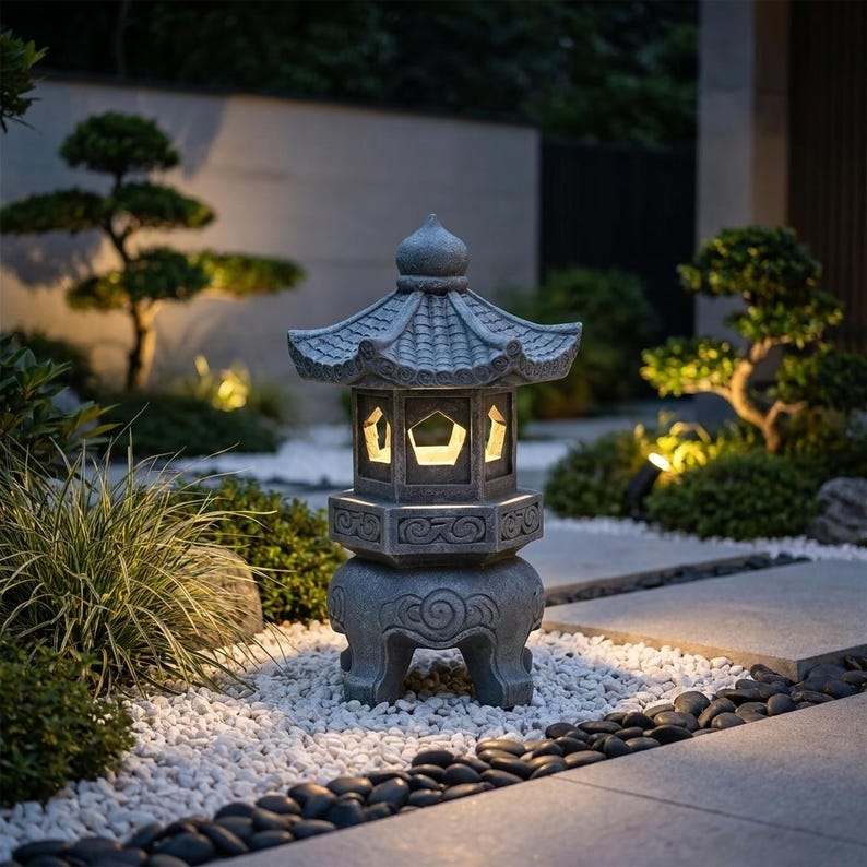 May include: A gray stone lantern with a tiered roof, hexagonal body, and cut-out pentagonal windows. The structure features carved swirl patterns on the base and midsection, standing on four sturdy legs with a light glowing from within the center.