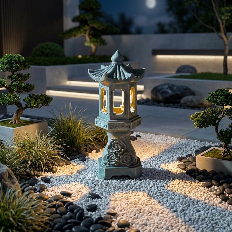May include: A gray stone-colored pagoda lantern with a hexagonal roof and base, featuring carved cloud motifs on the pedestal and open windows that emit a warm yellow light, standing on a bed of white gravel and black river stones.