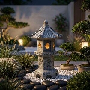 May include: A gray stone lantern with a tiered roof and intricate carved patterns on the base and midsection. The lantern features four arched openings with glowing warm light emanating from within, set upon a bed of white gravel and black stones.