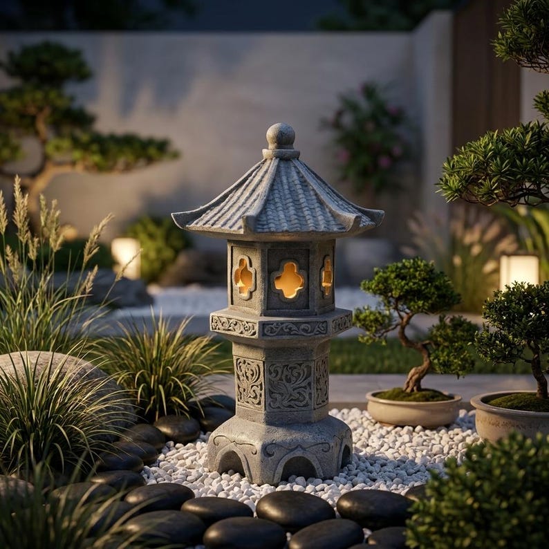 May include: A gray stone lantern with a tiered roof and intricate carved patterns on the base and midsection. The lantern features four arched openings with glowing warm light emanating from within, set upon a bed of white gravel and black stones.