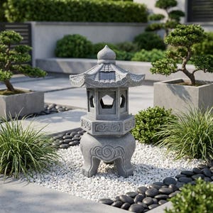 May include: A gray stone-effect pagoda lantern featuring a tiered roof with a small integrated solar panel, pentagonal cut-out windows, and decorative swirling patterns on the base and midsection, standing on three sturdy, curved legs.