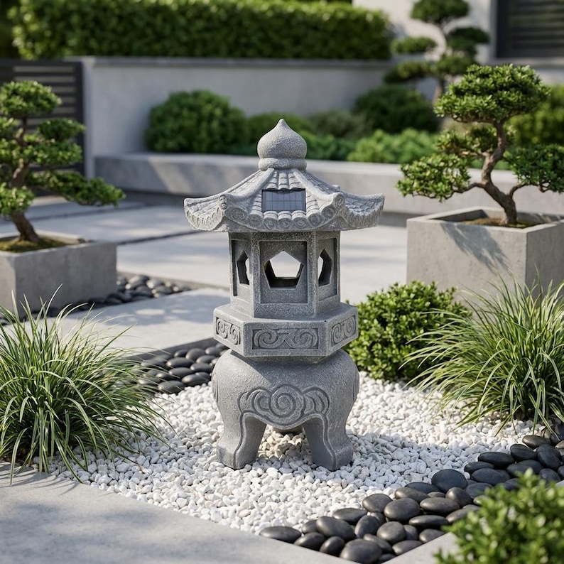 May include: A gray stone-effect pagoda lantern featuring a tiered roof with a small integrated solar panel, pentagonal cut-out windows, and decorative swirling patterns on the base and midsection, standing on three sturdy, curved legs.