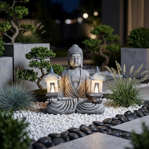 May include: A gray stone-textured Buddha statue in a seated meditation pose, holding two small illuminated pagoda-style lanterns in each hand. The statue features a detailed robe and a serene facial expression, with warm light glowing from the lanterns.