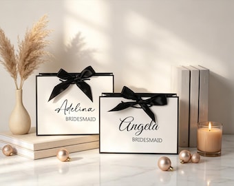 Personalized Bridesmaid Gift Bags, Custom Name Ribbon Tie Bag, Elegant Wedding Favor