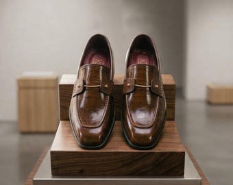 Mocassins à mors en cuir marron fait main – Chaussures habillées pour hommes en cuir pleine fleur