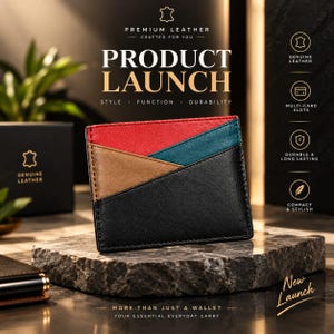 May include: A multi-colored leather card wallet featuring diagonal panels in red, teal, tan, and black. The text on the image includes PREMIUM LEATHER, PRODUCT LAUNCH, STYLE, FUNCTION, DURABILITY, GENUINE LEATHER, MULTI-CARD SLOTS, DURABLE & LONG LASTING, COMPACT & STYLISH, MORE THAN JUST A WALLET, YOUR ESSENTIAL EVERYDAY CARRY, and New Launch.