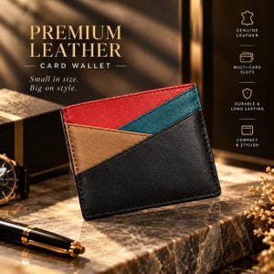 May include: A rectangular card wallet featuring a colour-blocked design with sections in red, teal, tan, and black leather. The text on the image reads: PREMIUM LEATHER CARD WALLET, Small in size. Big on style. Icons indicate genuine leather, multi-card slots, durable, and compact features.