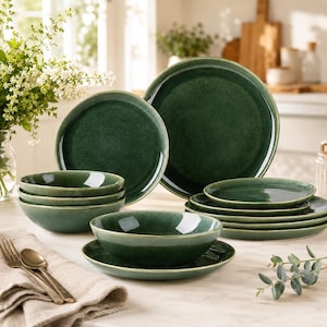 Green Reactive Glaze Stoneware Dinnerware Set, Modern Tableware
