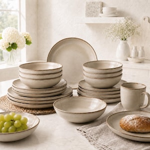 Stoneware Dinnerware Set, Reactive Glaze, Modern Cappuccino Dish Set