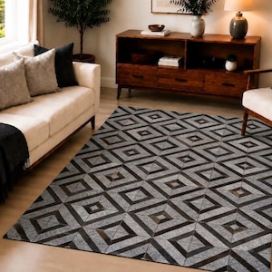 Hair-on-Hide Geometric Diamond Pattern Leather Rug 5x8 ft Handcrafted Area Carpet Gray & Brown Color