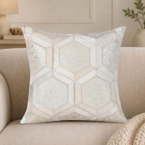 Cowhide Patchwork Pillow Cover, Hairon Leather-Honeycomb Pattern Cushion Cover, 18x18 inches  Decorative Modern Decor