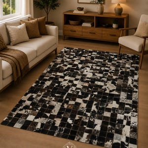 Puede incluir: Una alfombra rectangular con un diseño de mosaico de cuadrados de piel de vaca en varios tonos de negro, blanco, marrón y gris. La alfombra muestra un patrón de cuadrícula repetitivo con texturas de piel natural y el logotipo de Velmora Rugs.