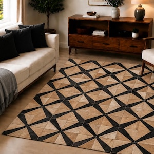 Hair-on-Hide Geometric Diamond Pattern Leather Rug 5x8 ft Handcrafted Area Carpet Tan, Beige & BlackColor