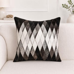Cowhide Patchwork Pillow Cover, Hairon Leather-Grid Pattern Cushion Cover, 18x18 inches  Decorative Modern Decor