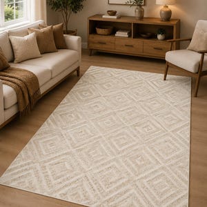 May include: A rectangular area rug featuring a repeating geometric pattern of nested diamonds in shades of cream and light beige. The design consists of textured lines forming concentric squares within each diamond shape across the entire surface.