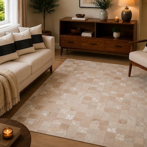 Hair-on-Hide Square Patchwork Pattern Leather Rug 5x8 ft Handcrafted Area Carpet Ivory Color