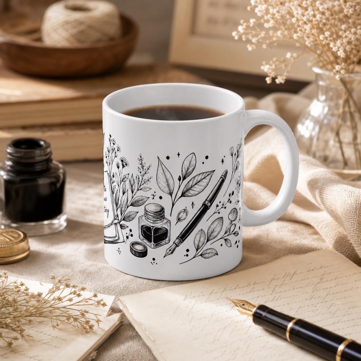 Black Ink Botanical Pen Wrap coffee mug
