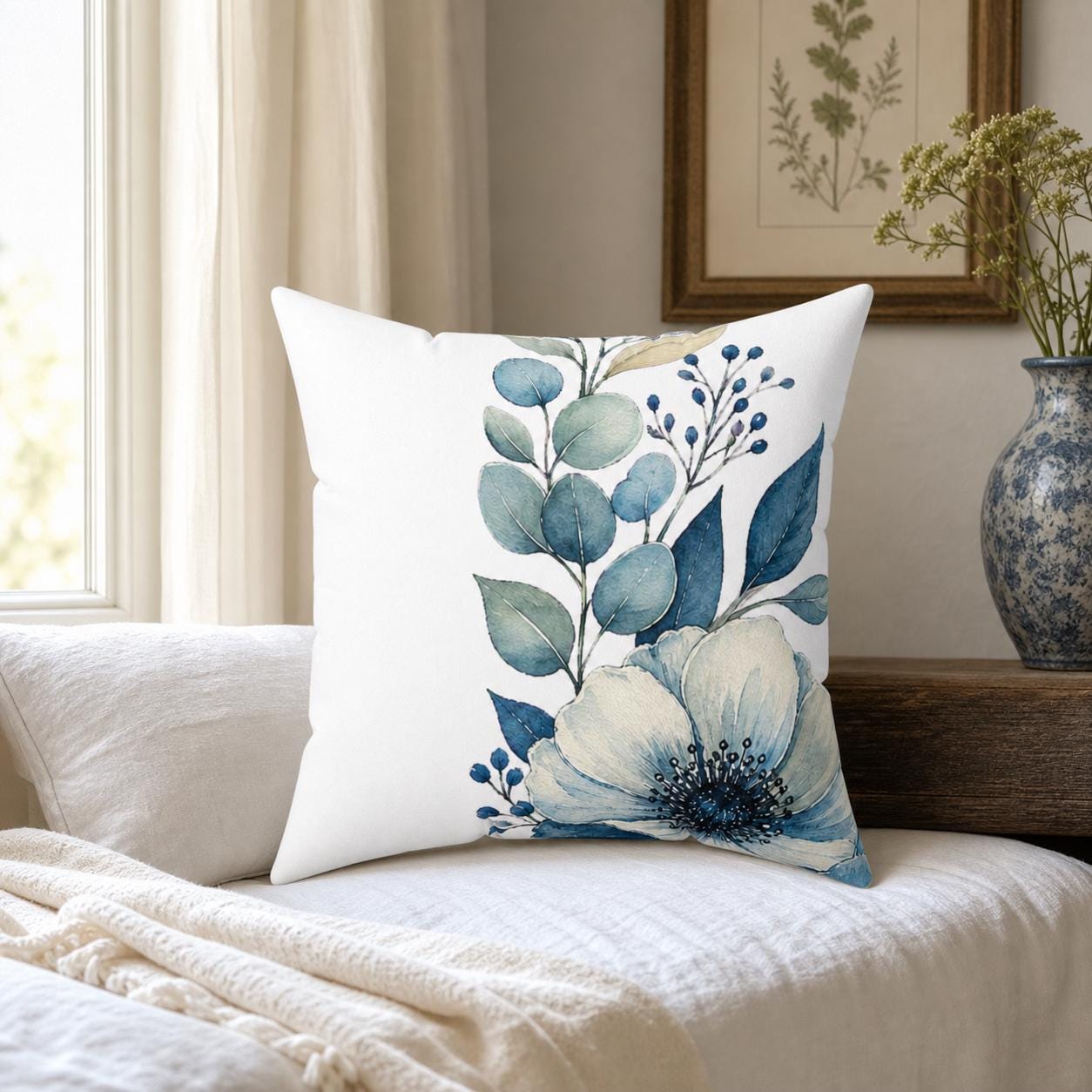 Patina Blue Botanical Corner Pattern Throw Pillow