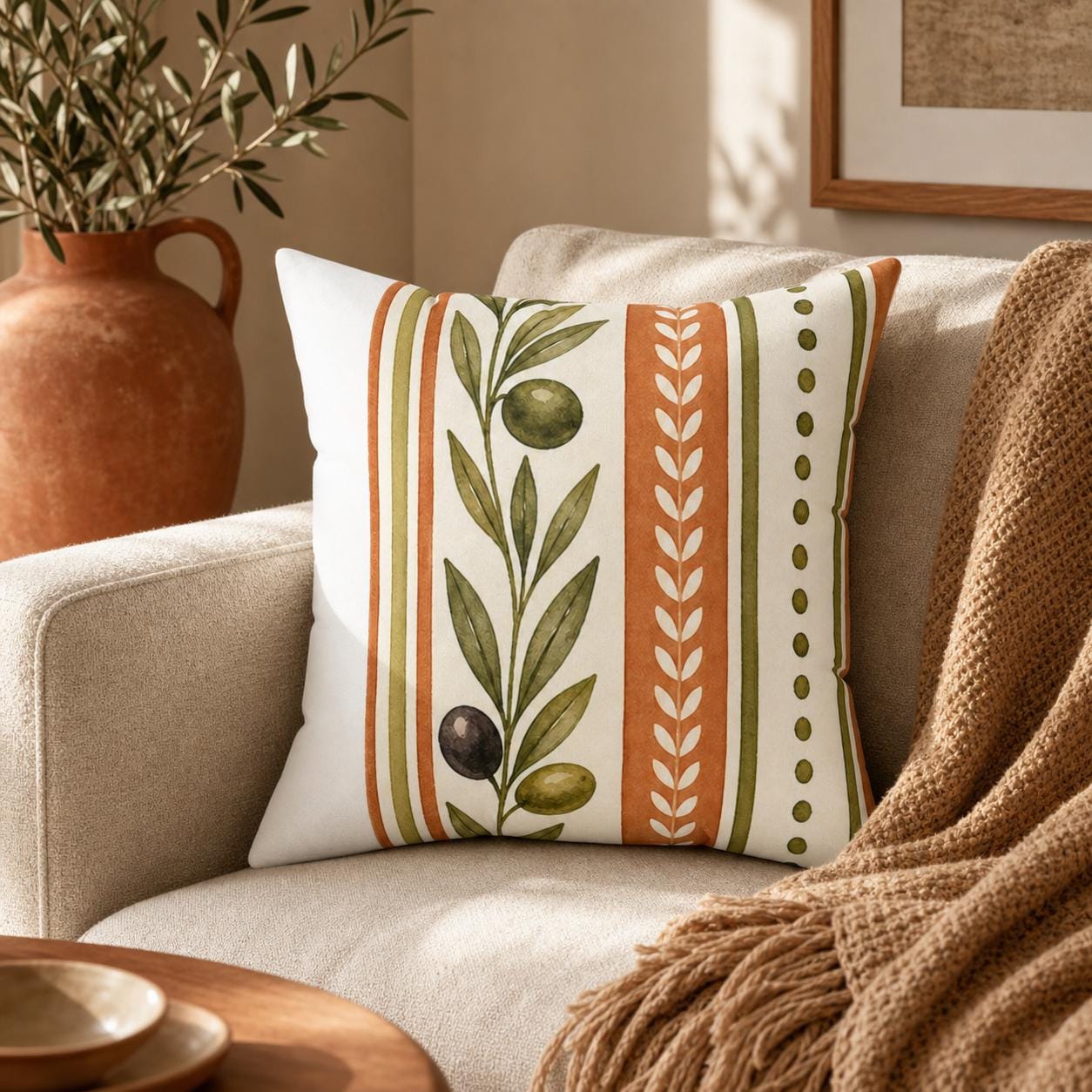 Olive and clay stripe pattern throw pillow