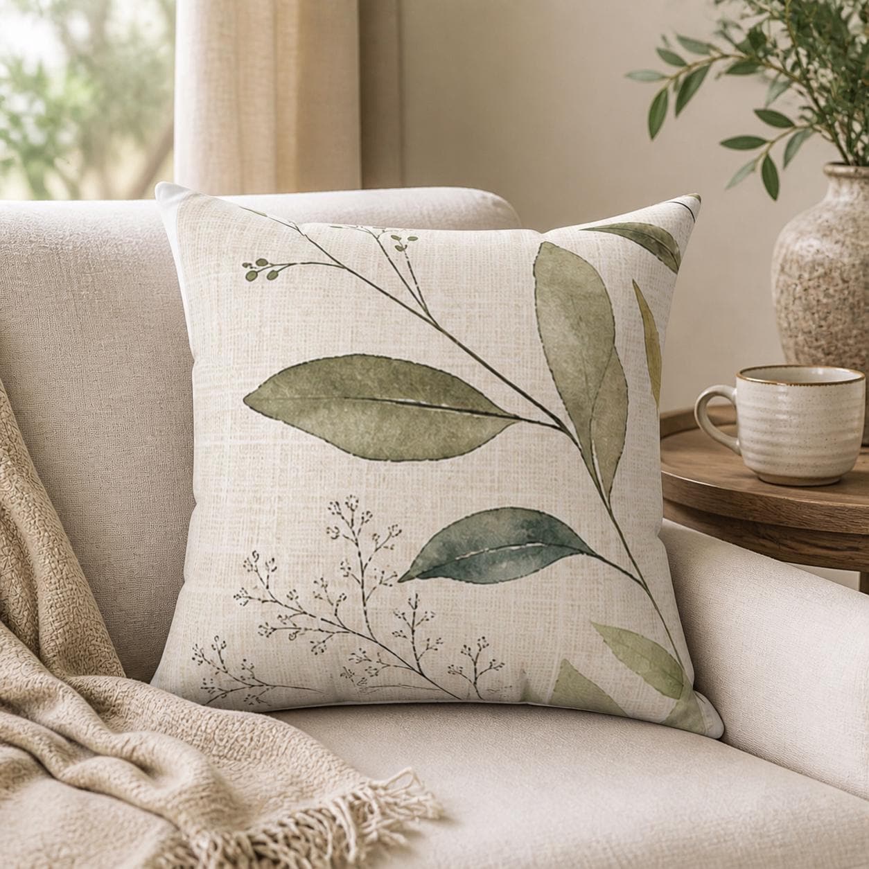 Washed Linen Look Botanical Throw Pillow