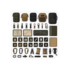 May include: A collection of tactical gear stickers featuring various pouches, carabiners, topographic maps, mountain illustrations, checklists, and small icons representing items like a camera, battery, pen, and snacks in olive, tan, and black colors.