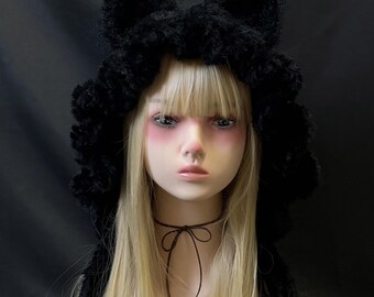 Handmade Black Fluffy Cat Ear Hat – Gothic Plush Winter Beanie, Kawaii Accessory