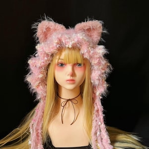 Fluffy pink anime-style "jellyfish" hat with cat ears