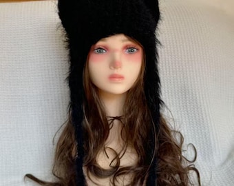 Gorro de inverno de tricô macio com orelhas de gato pretas feito à mão