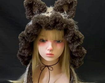 Bear Lover Gift, Fluffy Bear Ear Hood, Plush Faux Fur Winter Scarf Hat, Cozy Kawaii Hood for Women