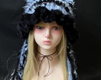 Cat Lover Gift, Fluffy Cat Ear Hood, Black Blue Plush Winter Scarf Hat, Kawaii Faux Fur Hood for Women