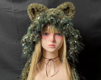 Women Forest Bear Hood Handmade Fairycore Plush Winter Cozy Hat