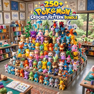 May include: A large collection of colourful crocheted Pokemon plush toys displayed on tiered wooden shelving. The display features a wide variety of characters in different shapes and sizes, with a sign at the top reading 250+ Pokemon Crochet Pattern Bundle.