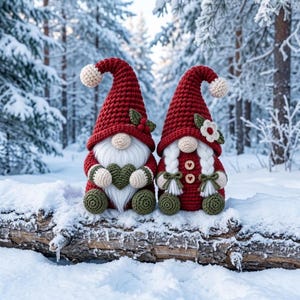 May include: Two crocheted gnomes with tall red hats, white beards, and braids. The left gnome holds a green heart, while the right gnome features two wooden buttons on its red body. Both have cream-coloured pom-poms on their hats and green accents.
