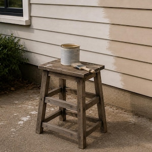 May include: A four-legged wooden stool with a dark, weathered finish. Resting on the flat, square seat of the stool is a cylindrical metal paint can with a light-colored label and a wooden-handled paintbrush lying horizontally across the top.