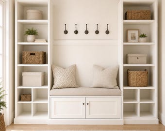 Mudroom Storage System Woodworking Plans | Symmetrical Entryway Bench, Towers (PDF Download)