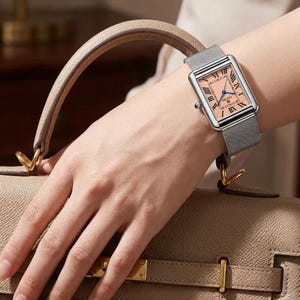 Vintage Silver Rectangular Watch for Women, Minimalist Milanese Mesh Watch, Elegant Salmon Dial, Exclusive Gift for Her