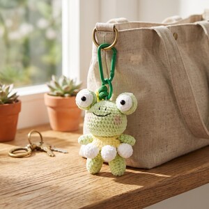 May include: A light green crocheted frog keychain featuring large white eyes with black pupils, a yellow midsection, and white pom-pom accents. The frog is attached to a green plastic carabiner clip, which is hooked onto a beige canvas tote bag.