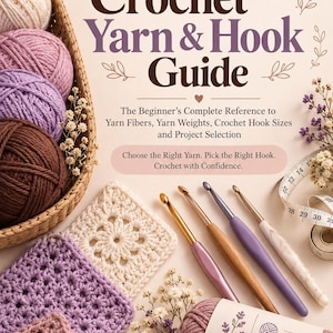 Pode incluir: Um livro intitulado The Crochet Yarn & Hook Guide da Isha Crochet Studio, apresentando uma cesta com novelos de lã, quatro agulhas de crochê, três quadrados de crochê e uma fita métrica em centímetros, com texto sobre fibras e tamanhos.