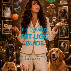 Könnte beinhalten: Eine Person in einem cremefarbenen Blazer und einer Hose steht umgeben von verschiedenen Haustieren und Spielzeugen. Der Text "THE ULTIMATE PET UGC GUIDE FOR PITCHING SUCCESS" ist in Blau zentriert. Gerahmte Tierporträts hängen im Hintergrund.