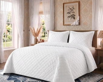 Luxury White Embossed Bedspread Set – 3-Piece Soft Microfiber Quilted Bed Cover