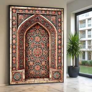 May include: A rectangular wall art print featuring an intricate arched doorway design with geometric star patterns in shades of red, green, and beige. The artwork is framed in black and displays a detailed mosaic-style motif with floral accents.