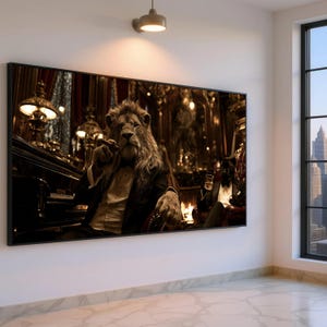 May include: A large rectangular wall art print featuring a lion with a human-like physique wearing a black tuxedo and white shirt, holding a cigar. The scene is set in a dimly lit, opulent room with dark wood, gold accents, and a fireplace.