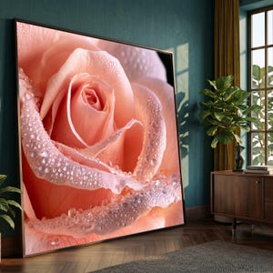 May include: A large rectangular wall art piece featuring a macro view of a soft peach-coloured rose. The petals are covered in numerous clear water droplets, highlighting the delicate texture and layered structure of the flower in full bloom.