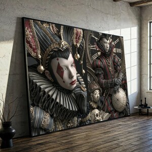 May include: A large rectangular wall art piece featuring two figures in elaborate jester-inspired attire. The left figure wears a black and white striped collar and hat with red diamond face paint. The right figure stands before a clock face.