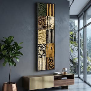 May include: A tall, rectangular wall art piece featuring a grid of ten distinct panels. Each panel displays a unique geometric or organic pattern in a high-contrast colour palette of metallic gold, deep black, and muted olive green tones.