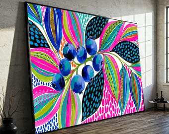 Vibrant Blueberry Berries Canvas, Colorful Leaves Wall Art, Botanical Fruit Illustration, Modern Kitchen Decor, Nature Canvas Decoration
