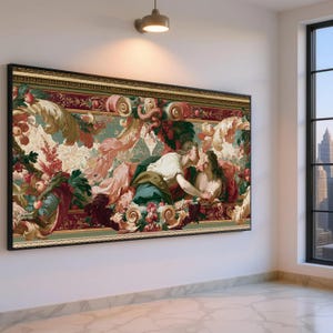 Peut inclure: Une grande œuvre d'art murale rectangulaire représentant une peinture classique de deux personnages dans un décor luxuriant et orné. L'œuvre est encadrée en noir et présente des tons riches de rouge profond, d'or et de vert sauge avec des motifs floraux.