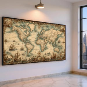 Puede incluir: Un gran cuadro rectangular que muestra un mapa del mundo de estilo antiguo en tonos sepia y azul apagado. El mapa incluye ilustraciones detalladas de barcos de vela, rosas de los vientos y bordes circulares decorativos en un marco oscuro.